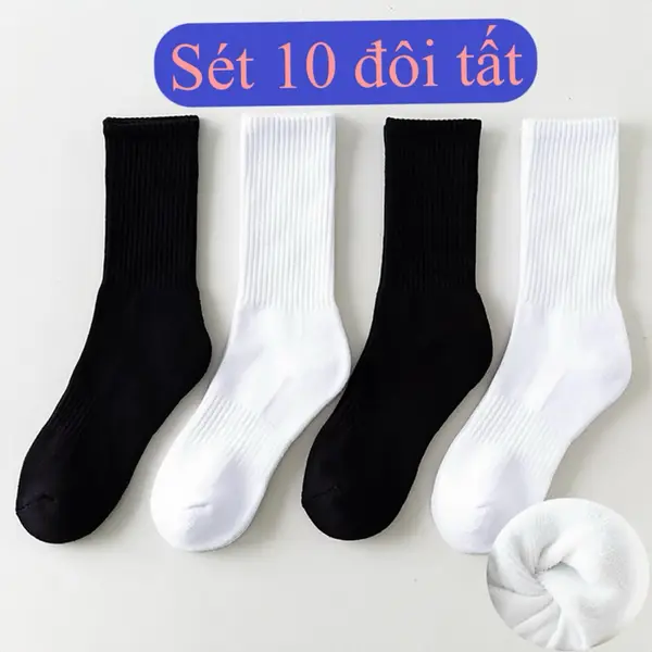 Sét 10 đôi Tất trắng đen nam nữ cổ cao cổ trung cổ ngắn chất liệu cotton