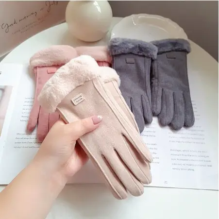 Găng tay nữ mùa đông nhiều màu lông vũ Găng tay ấm màn hình cảm ứng da lộn để chống lạnh, cộng với n