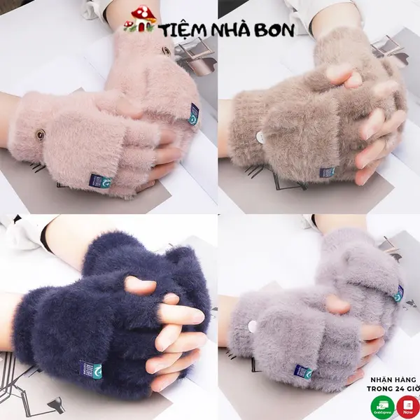 Tất tay len hở ngón nữ, Găng tay len hở ngón vải lông nhung mềm giữ ấm mùa đông thời trang cho