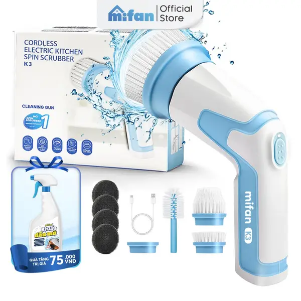Máy Cọ Rửa Điện Cầm Tay Đa Năng Mifan K3 25W - Kèm 4 Đầu Chổi, Pin Sạc 2000mAh, Chống Nước IPX7, Tốc
