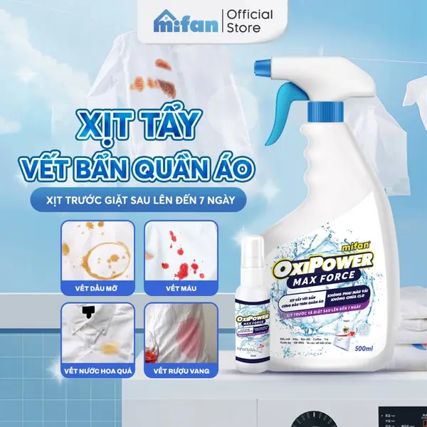 Xịt Tẩy Vết Bẩn Quần Áo Mifan Oxipower -Làm sạch nhanh vết thức ăn, máu, mốc, ố vàng, cổ áo, an toàn