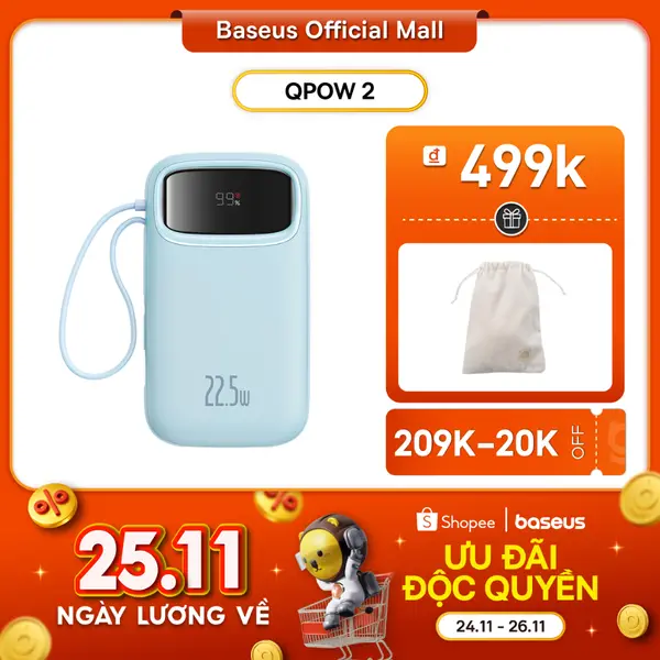 Sạc dự phòng Qpow2 BASEUS 20000mAh PD 22.5W 30W hai cổng tiện dụng cho điện thoại