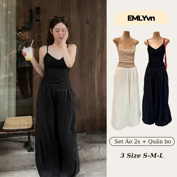 EMLYvn - Set Áo 2 Dây Ren Hoa + Quần Tơ Đũi Ống Rộng Bo Gấu Rất Mát, Set Đồ Nữ Mặc Hè Cực Xinh Basic