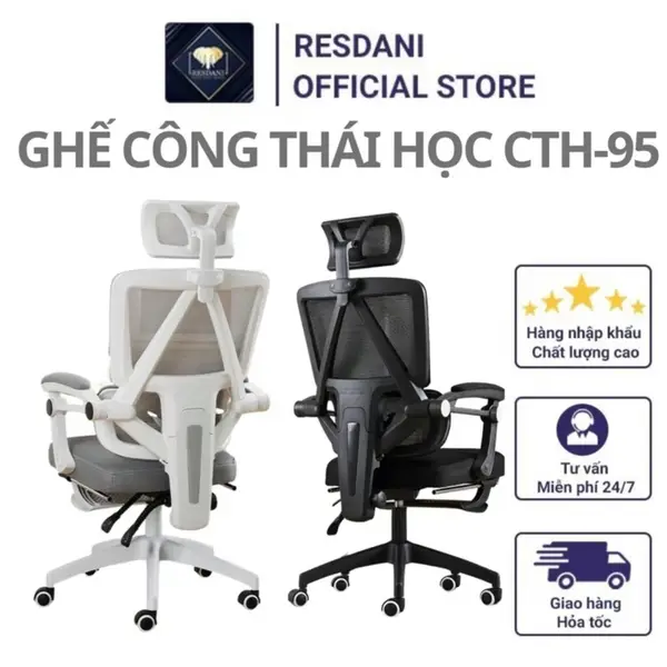 Ghế Công Thái Học CTH-95 RESDANI,Hỗ Trợ Cột Sống Nâng Hạ,Tiện ích Ngả Lưng Lên Đến 125 Độ Gác Chân