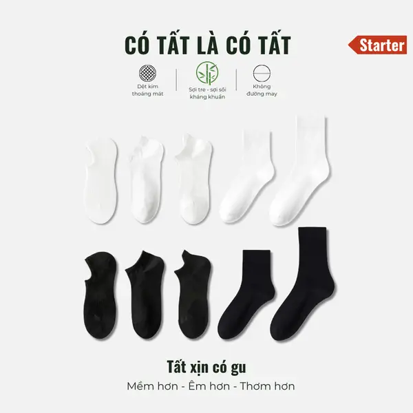 Tất nam nữ đen trắng Starter Black&White sợi cao cấp bền mềm êm ấm mùa đông, thoáng máy mùa hè Có Tấ
