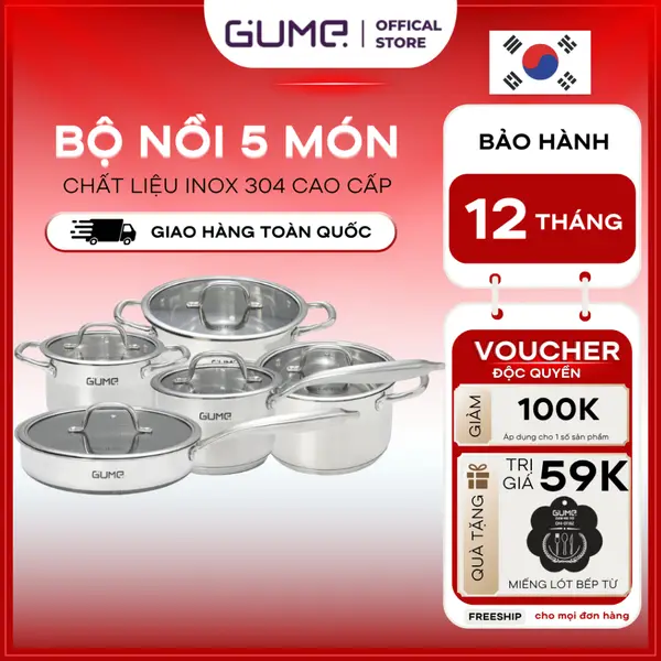 Bộ Nồi Inox 5 Đáy Dùng Cho Mọi Loại Bếp GUME GMPPS-2201- Nồi Inox 304 Cao Cấp Bảo Hành 12 Tháng