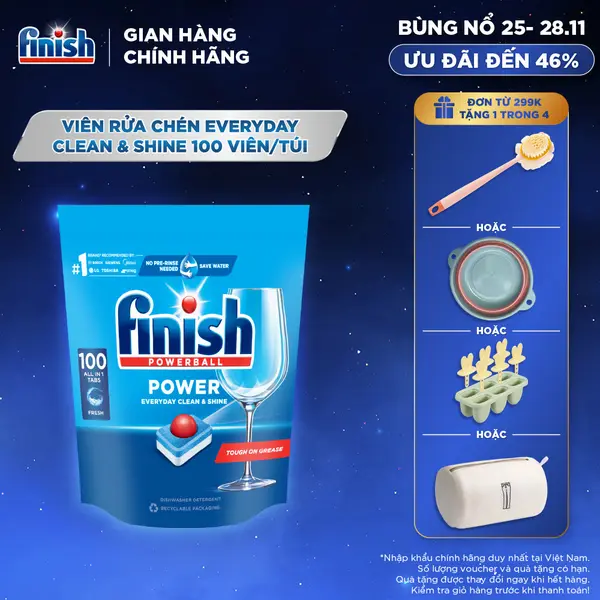 Viên Rửa Chén Bát Hương Chanh Finish Powerball Power Everyday Clean & Shine - Túi 100 viên siêu tiết