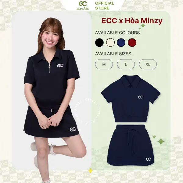 Set Bộ Váy ECOCHIC x HÒA MINZY DREAM FIT Áo Crop Polo Halfzip Phối Chân Váy Chất Liệu Cao Cấp Mềm Mị