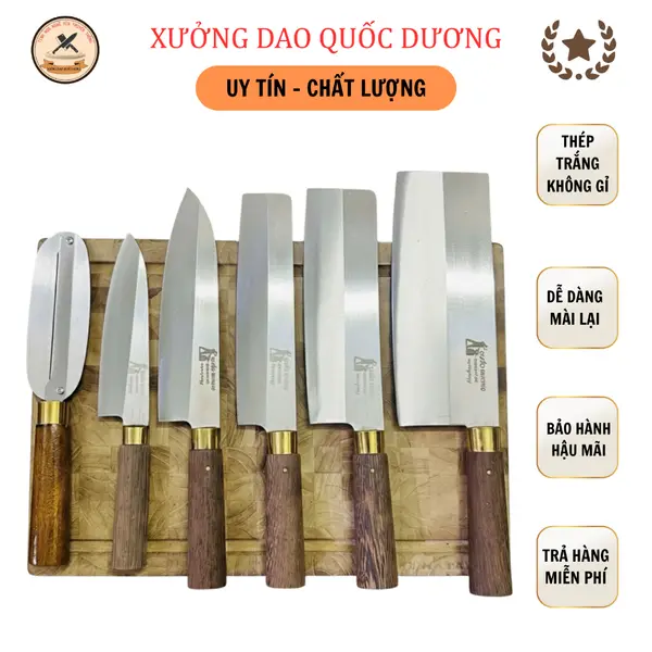 Bộ dao nhà bếp QUỐC DƯƠNG, làm từ thép trắng Nhật 420HC kháng gỉ, cán gỗ mun chống mối mọt, BH 24 t