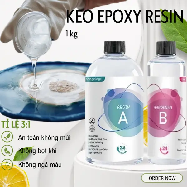 Keo epoxy resin. Keo epoxy resin trong suốt tỉ lệ 3:1 làm đồ handmade, đổ khối làm đồ thủ công.