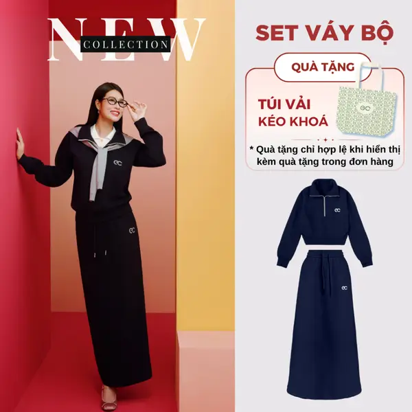 Set Bộ Váy Dài ECOCHIC Áo Crop Cổ Cao Halfzip Logo Phối Chân Váy Dài Dây Rút Chất Liệu Cao Cấp Chính
