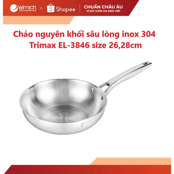 Chảo nguyên khối sâu lòng inox 304 cao cấp Trimax EL-3846M-L-OL size 26,28cm