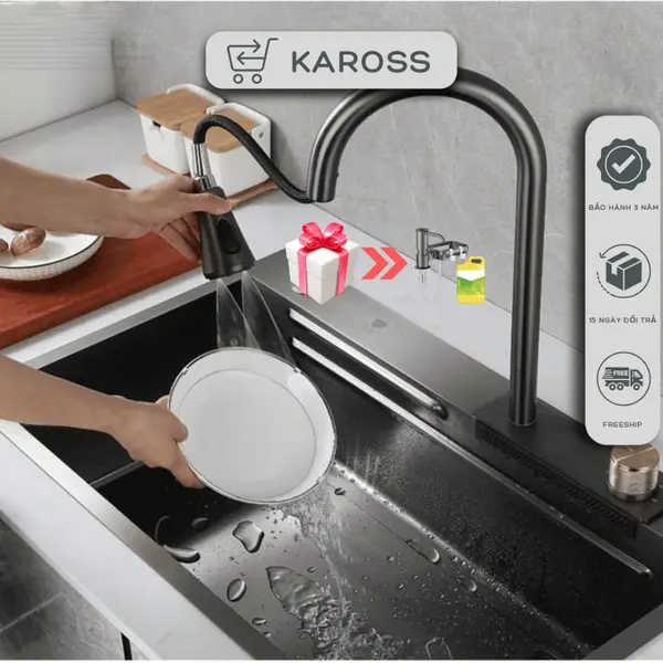 Chậu rửa 1 hố inox 304 cỡ lớn, bồn rửa chén bát 1 hộc, vòi rút thác nước xả ngang đa năng, giá rẻ