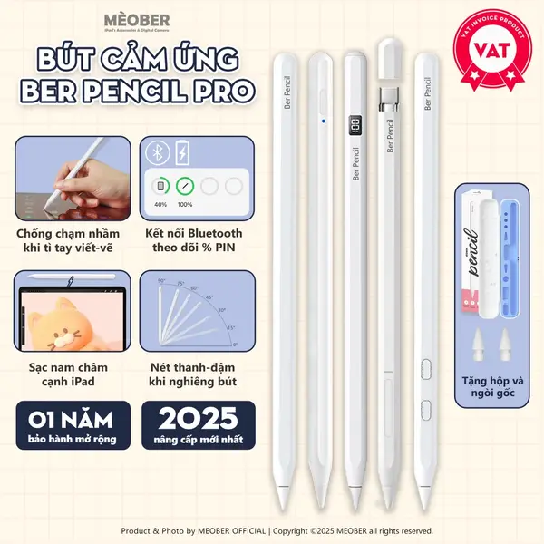 Bút cảm ứng BerPencil Pro dành cho iPad - Chống chạm nhầm, chuyển chữ viết thành văn bản, sạc nam ch