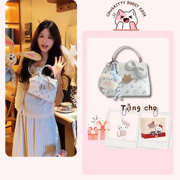 Cow & KITTY/BORRY ROSA THƯƠNG HIỆU, túi giỏ màu xanh có khóa kéo và bùa chú mèo, túi tote dành cho