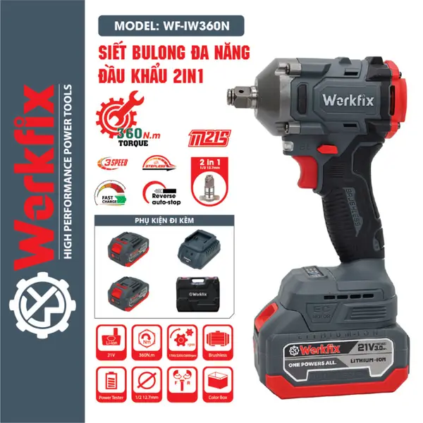 Siết bulong WORKFIX WF-IW360N đầu 2 trong 1 Lực siết 360Nm bảo hành 12 tháng