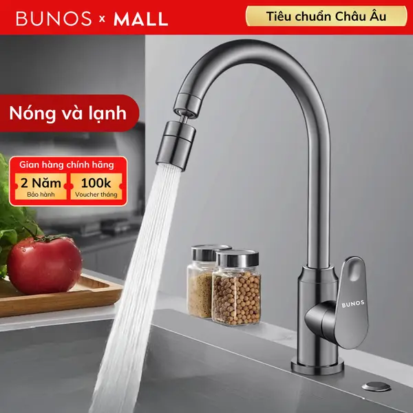 Vòi rửa chén nóng lạnh BUNOS chất liệu thép không gỉ, 2 chế đô phun nước